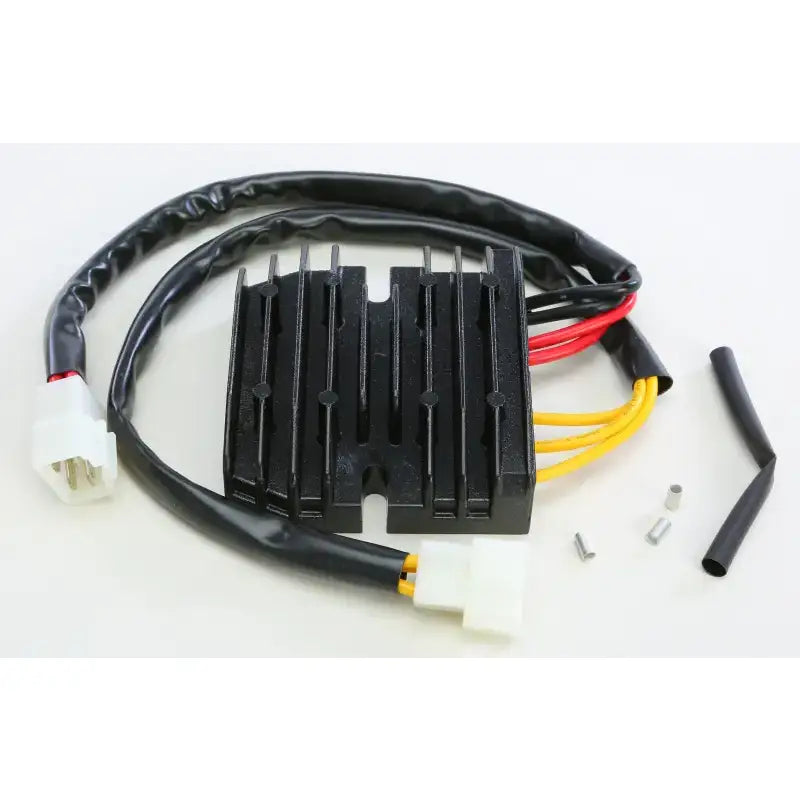 Black motorcycle voltage regulator with wiring, meets OEM specs for RV parts & accessories