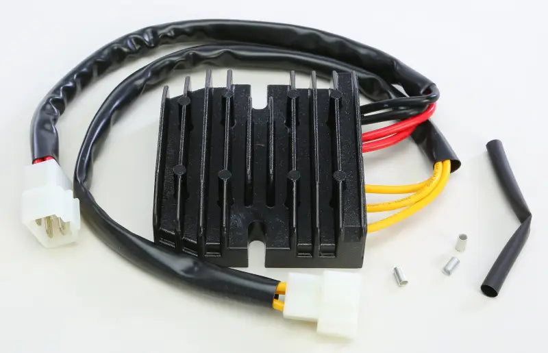 Black motorcycle voltage regulator with wiring, meets OEM specs for RV parts & accessories