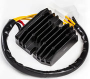 Black motorcycle regulator rectifier with wiring, OEM parts, 1-year warranty