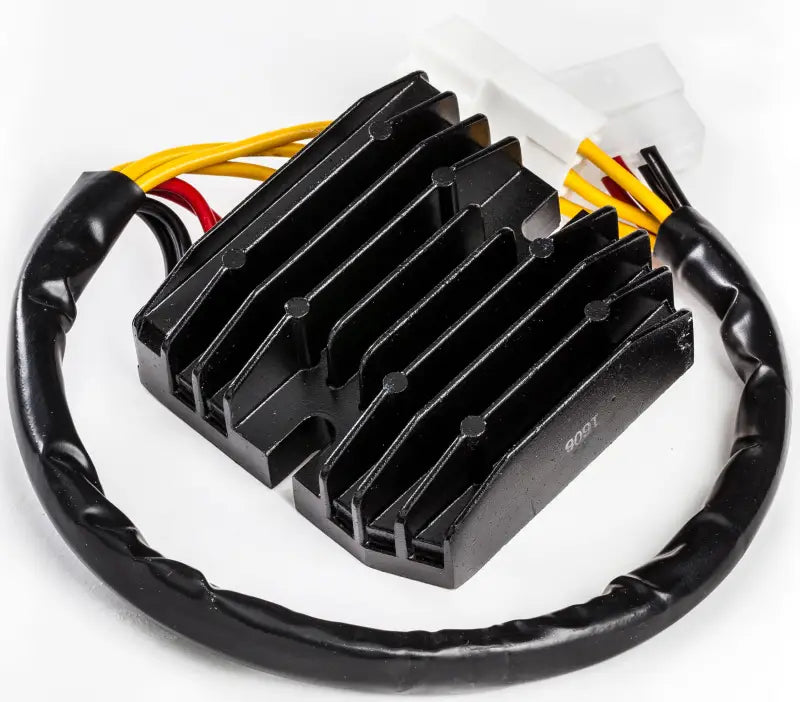 Black motorcycle regulator rectifier with wiring, OEM parts, 1-year warranty