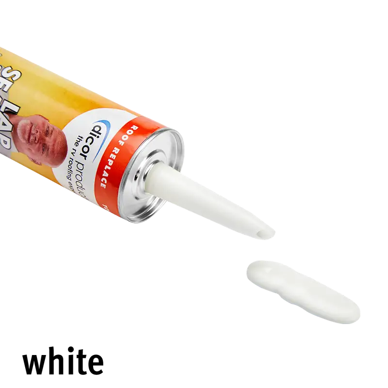 White Dicor 501LSW self-leveling lap sealant tube with dispensed product for RVs