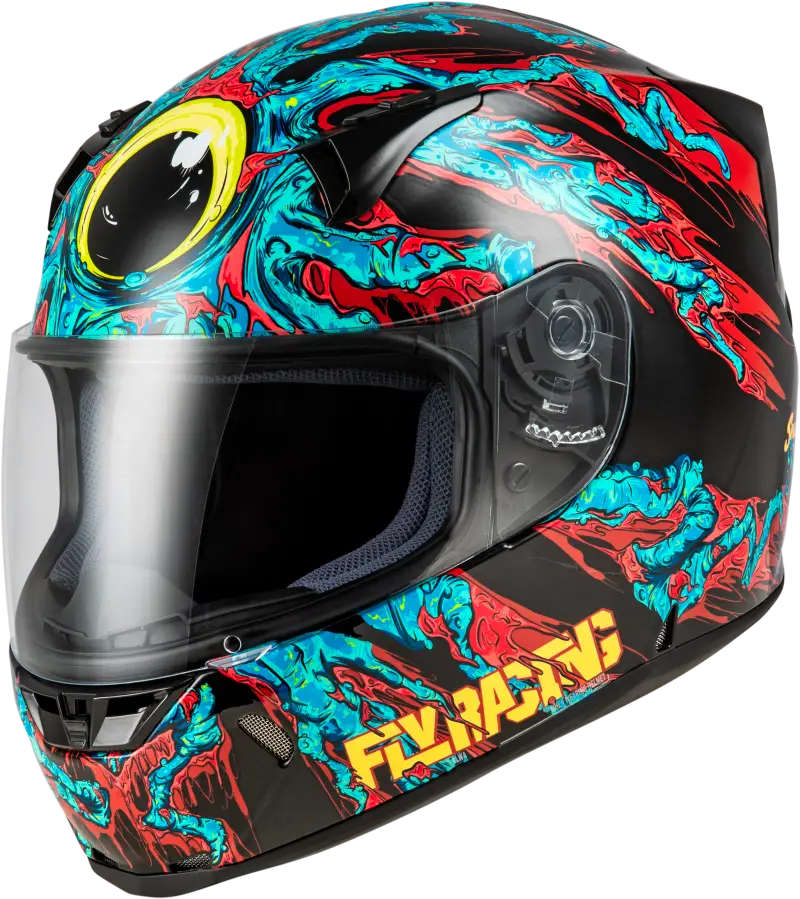 Black motorcycle helmet with colorful graphics and durable hard coating for style and protection