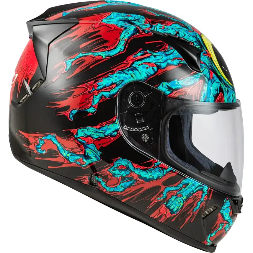 Black motorcycle helmet with colorful graphics featuring durable hard coating for protection