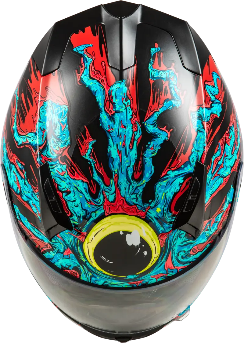 Eye-adorned Revolt Space Creep Helmet with durable hard coating in light blue, black, and red