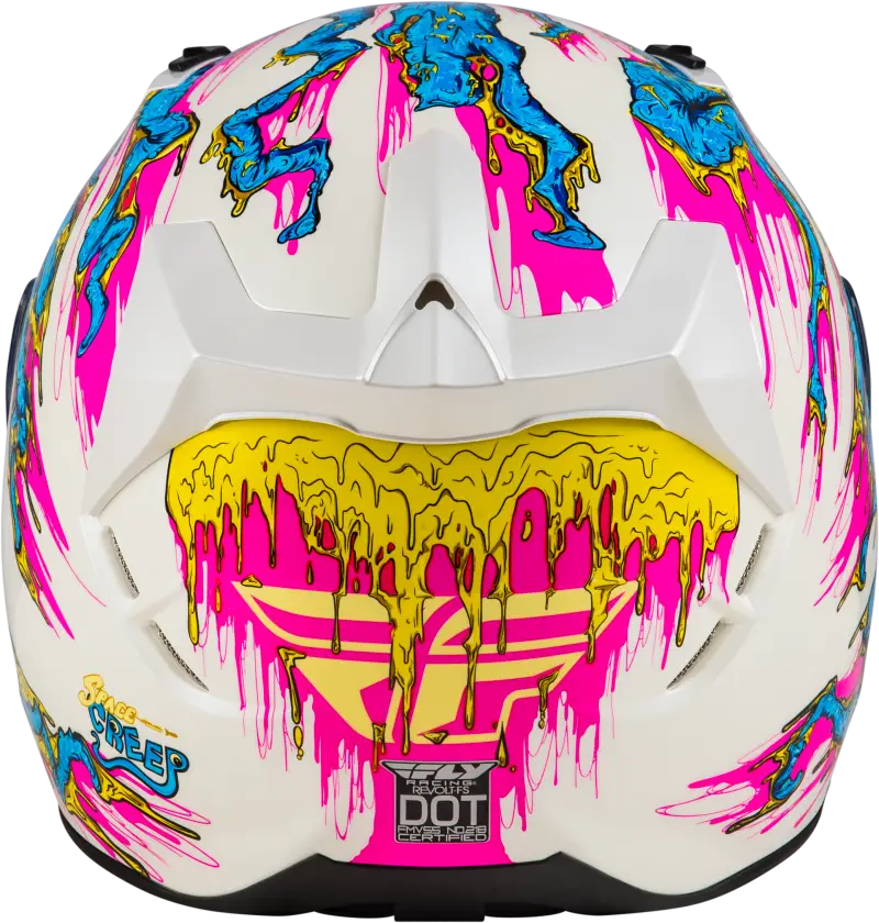 White motocross helmet with colorful dripping paint design, durable hard coating for tough rides