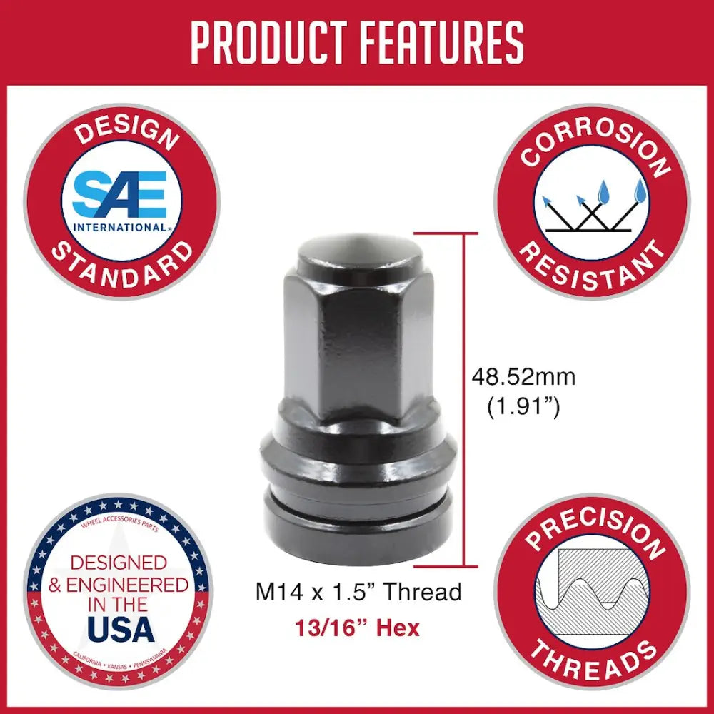Revolution One Piece Solid Design Lug Nut 86K848Black - BK Ford 13 16 M14 32 86K848BLK