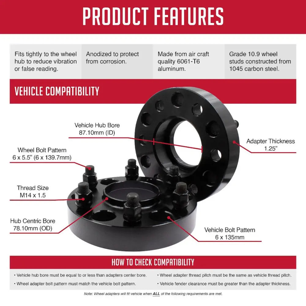Revolution CNC Lathes And Milling Machines Wheel Adapter 6135-6550H-B - Adap-6X135-5.5 1.25 87 78.1 M14