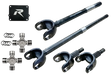 Automotive drivetrain components like driveshafts and universal joints for Jeep Wrangler in revolution gear chromoly discovery series