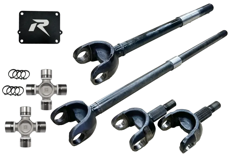 Automotive drivetrain components like driveshafts and universal joints for Jeep Wrangler in revolution gear chromoly discovery series