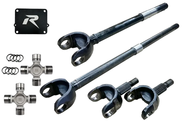 Automotive drivetrain components like driveshafts and universal joints for Jeep Wrangler in revolution gear chromoly discovery series