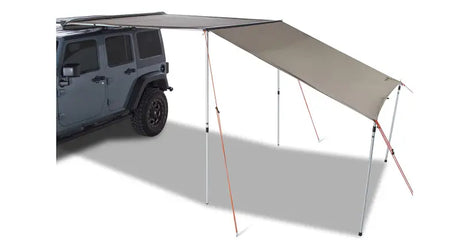 Vehicle-mounted batwing sunseeker awning with support poles for shade and protection