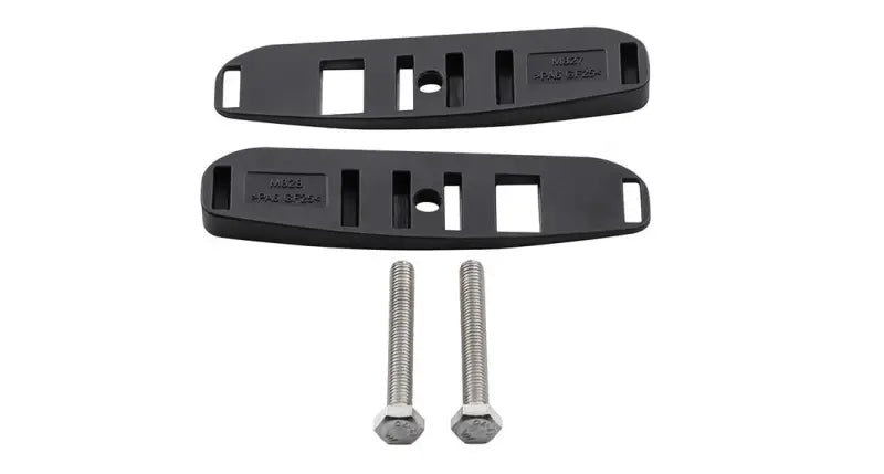 Black mounting plates with silver bolts for Rhino Rack rear wedge kit mounting hardware