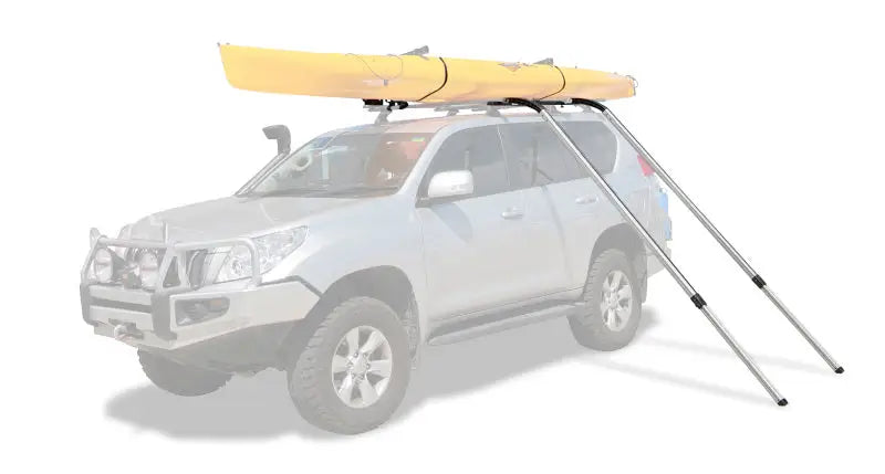Rhino-Rack Nautic Kayak Lifter mounted on vehicle with support poles for easy kayak transport