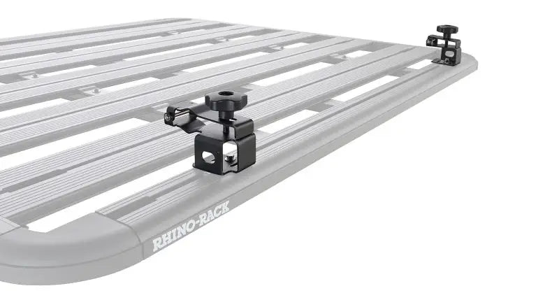 Rhino-Rack Pioneer High Lifting Jack Holder Bracket Set (Top Mount) securely attached to a Rhino-Rack Pioneer System.