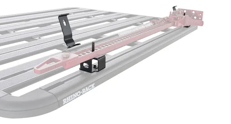 Rhino-Rack Pioneer High Lifting Jack Holder Bracket Set (Top Mount) securely attached to Rhino-Rack Pioneer System.