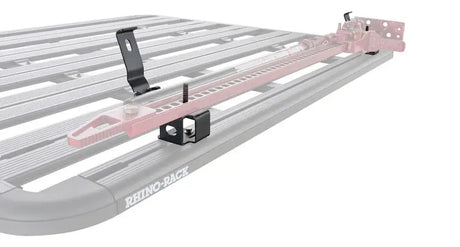 Rhino-Rack Pioneer High Lifting Jack Holder Bracket Set (Top Mount) securely attached to Rhino-Rack Pioneer System.