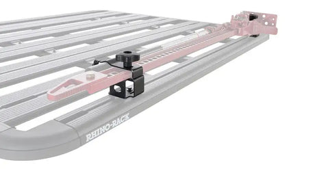 Rhino-Rack Pioneer High Lifting Jack Holder Bracket Set (Top Mount) securely attached to a Rhino-Rack Pioneer system.