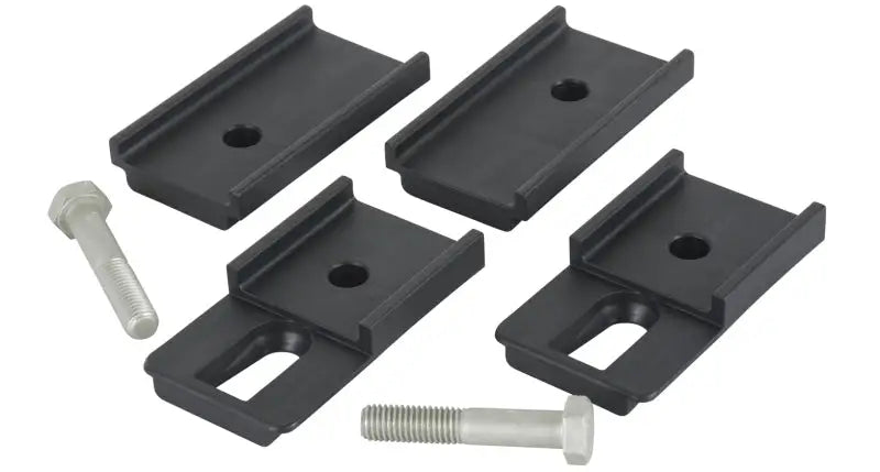 Black metal mounting hardware for Pioneer Leg Height Spacer pair on Rhino-Rack Pioneer Leg