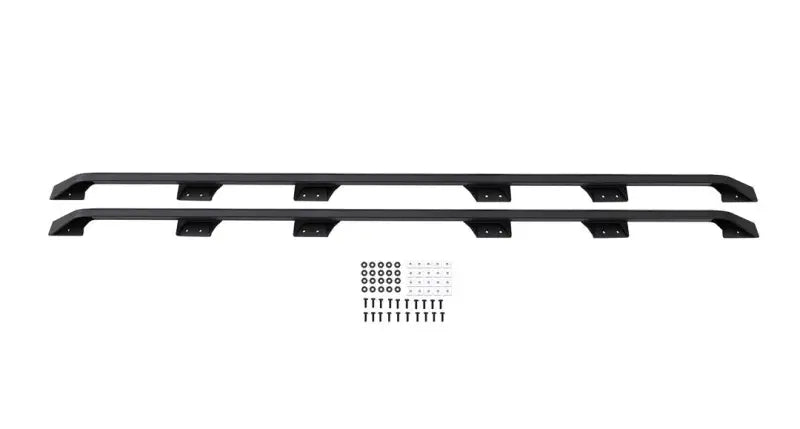 Black metal running boards with mounting hardware for Rhino Rack Pioneer Side Rails
