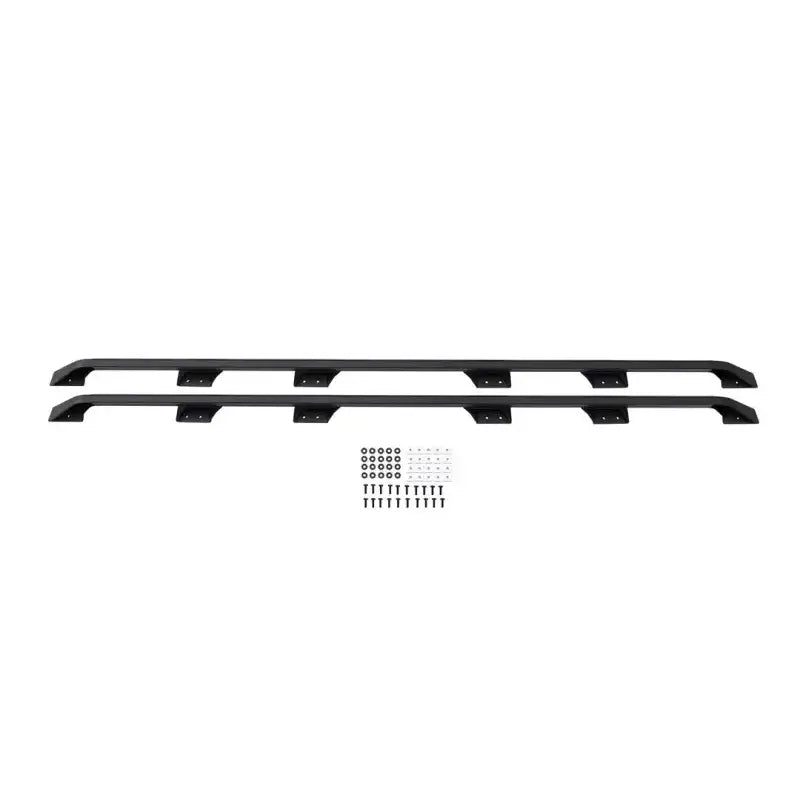 Black metal running boards with mounting hardware for Rhino Rack Pioneer Side Rails