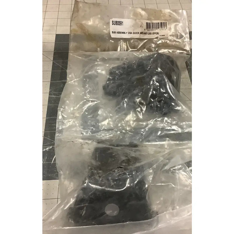 Plastic bag with dark mechanical parts labeled Rhino Rack Quick Mount Leg Sub Assembly