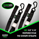 Rhino USA Cambuckle Motorcycle Tiedown Straps 2-Pack (Black) 1.5In X 8Ft - Rhino USA