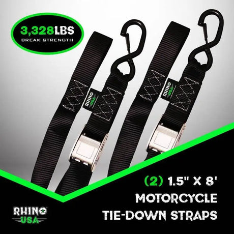 Rhino USA Cambuckle Motorcycle Tiedown Straps 2-Pack (Black) 1.5In X 8Ft - Rhino USA