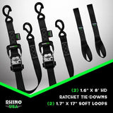 Rhino USA Heavy Duty Ratchet Tie-Downs 2-Pack (Black) 1.6In X 8Ft - Rhino USA