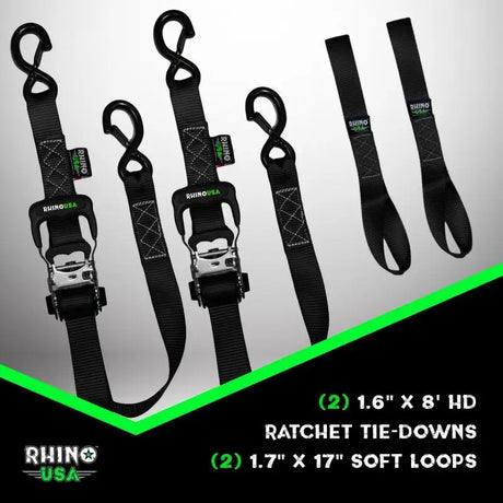 Rhino USA Heavy Duty Ratchet Tie-Downs 2-Pack (Black) 1.6In X 8Ft - Rhino USA