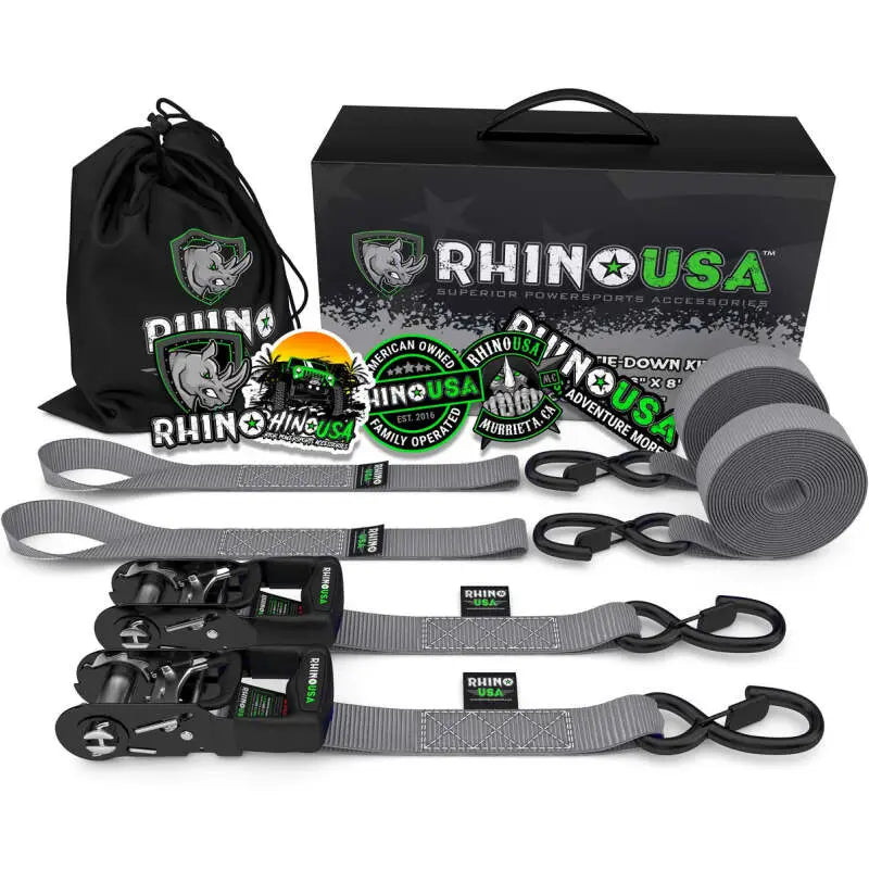 Rhino USA Heavy Duty Ratchet Tie-Downs 2-Pack (Gray) 1.6In X 8Ft - Rhino USA