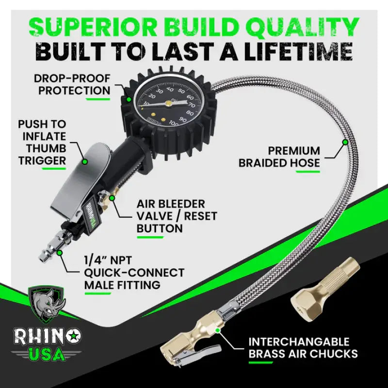 Rhino USA 100 Psi Analog Tire Inflator Gauge - Rhino USA