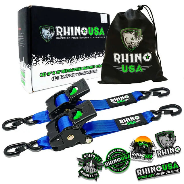Rhino USA Retractable Ratchet Straps (2Pk 2Inx10Ft) Blue - Rhino USA