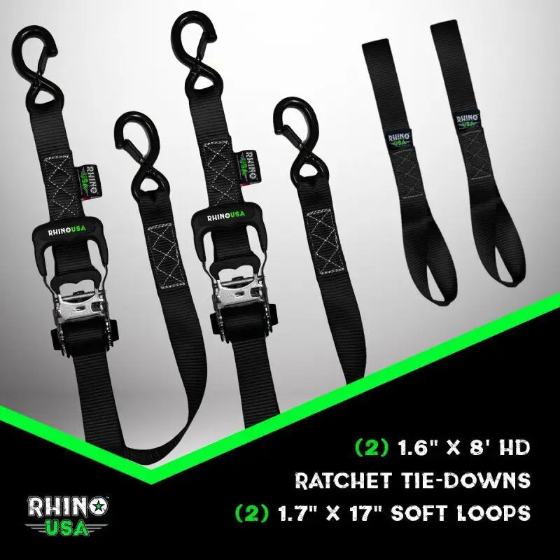 Rhino USA Heavy Duty Ratchet Tie-Downs 2-Pack (Red) 1.6In X 8Ft - Rhino USA