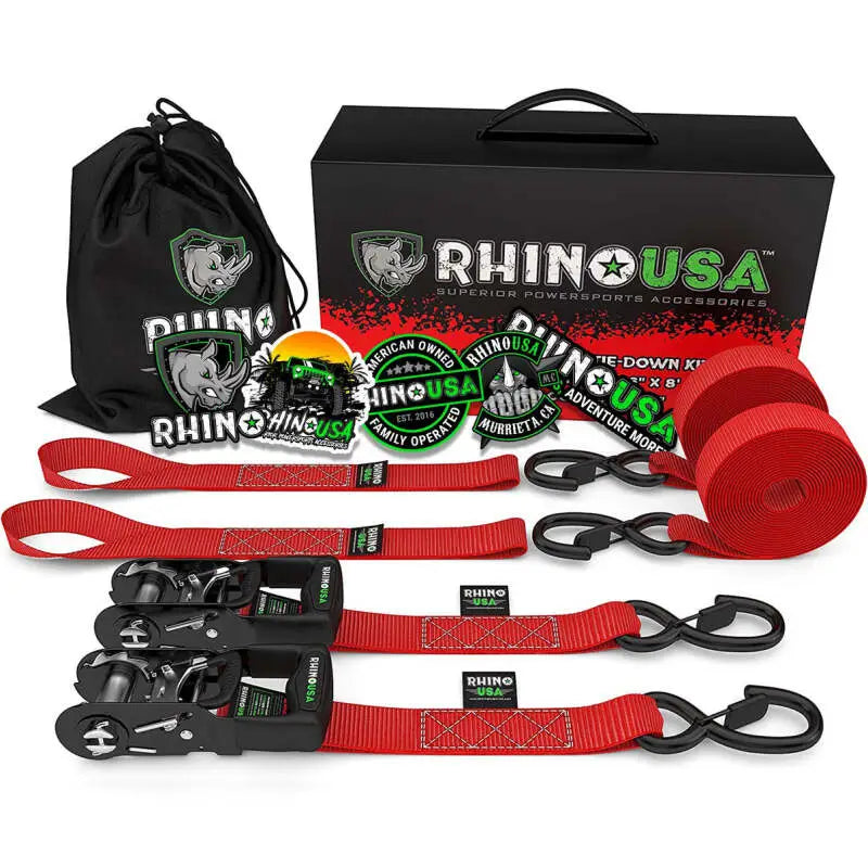 Rhino USA Heavy Duty Ratchet Tie-Downs 2-Pack (Red) 1.6In X 8Ft - Rhino USA