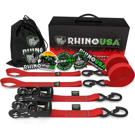 Rhino USA Heavy Duty Ratchet Tie-Downs 2-Pack (Red) 1.6In X 8Ft - Rhino USA