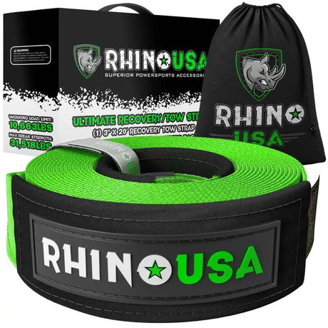Rhino USA Recovery Tow Strap 3Inx20Ft (Green) - Rhino USA