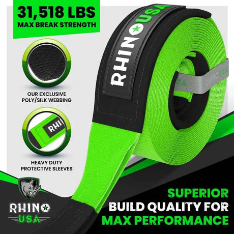 Rhino USA Recovery Tow Strap 3Inx20Ft (Green) - Rhino USA