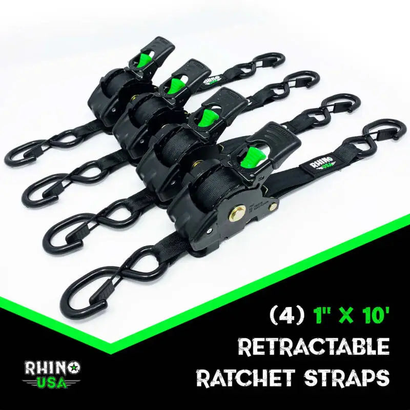 Rhino USA Retractable Ratchet Straps (4Pk 1Inx10Ft) (Gray) - Rhino USA