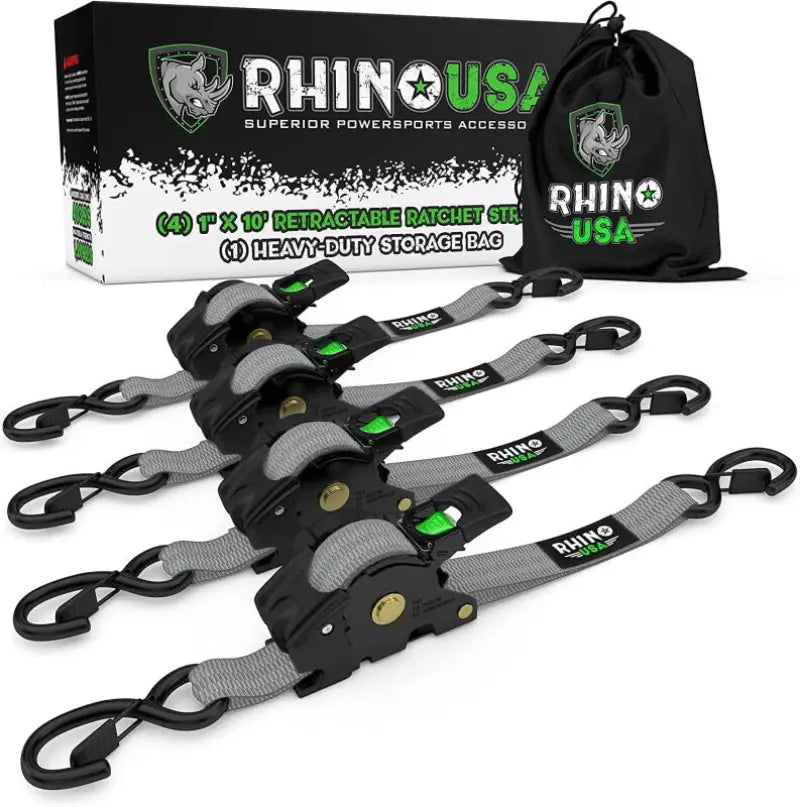 Rhino USA Retractable Ratchet Straps (4Pk 1Inx10Ft) (Gray) - Rhino USA