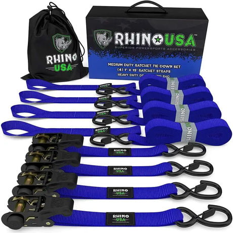 Rhino USA Medium Duty Ratchet Strap Tie-Down 4-Pack (Blue) - Rhino USA