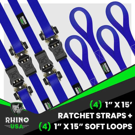 Rhino USA Medium Duty Ratchet Strap Tie-Down 4-Pack (Blue) - Rhino USA