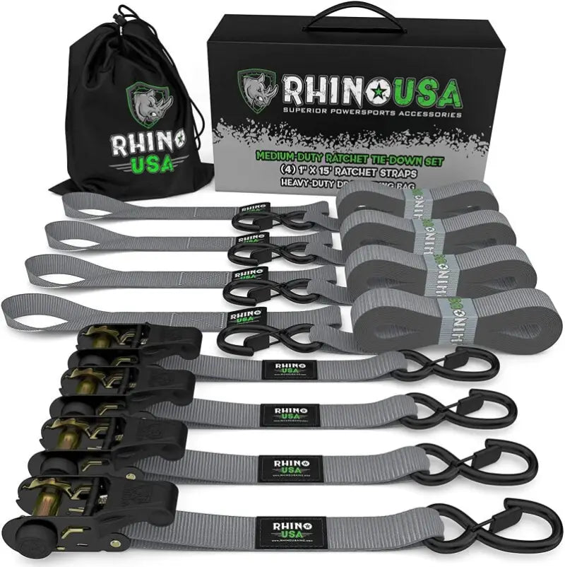Rhino USA Medium Duty Ratchet Strap Tie-Down 4-Pack (Gray) - Rhino USA