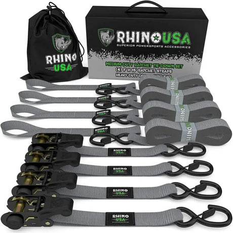 Rhino USA Medium Duty Ratchet Strap Tie-Down 4-Pack (Gray) - Rhino USA