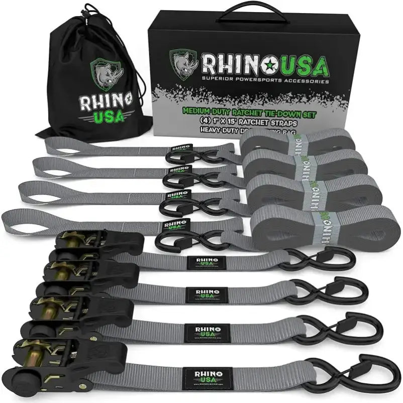 Rhino USA Medium Duty Ratchet Strap Tie-Down 4-Pack (Gray) - Rhino USA