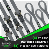 Rhino USA Medium Duty Ratchet Strap Tie-Down 4-Pack (Gray) - Rhino USA