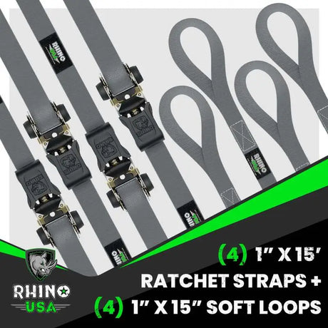 Rhino USA Medium Duty Ratchet Strap Tie-Down 4-Pack (Gray) - Rhino USA