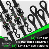 Rhino USA Heavy Duty Ratchet Tie-Down 4-Pack (Black) 1.6In X 8Ft - Rhino USA