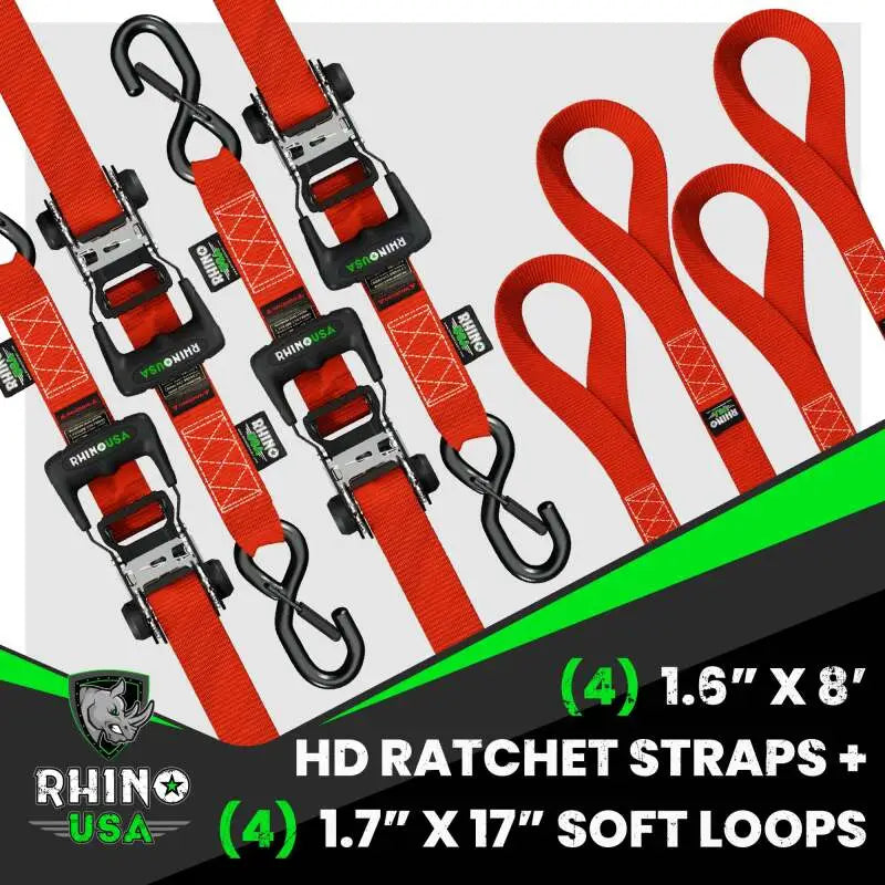 Rhino USA Heavy Duty Ratchet Tie-Down 4-Pack (Red) 1.6In X 8Ft - Rhino USA