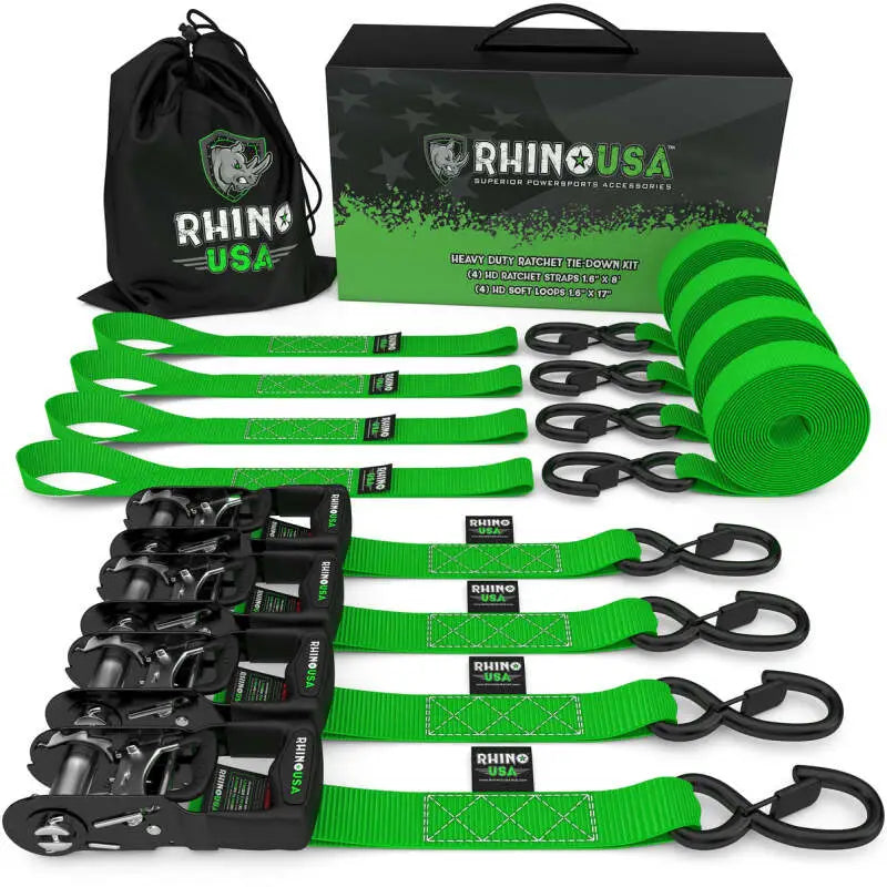 Rhino USA Heavy Duty Ratchet Tie-Down 4-Pack (Green) 1.6In X 8Ft - Rhino USA