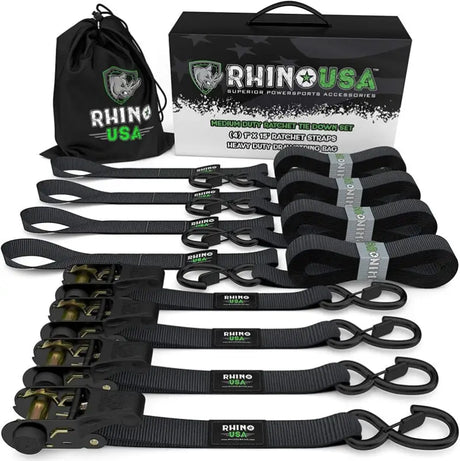 Rhino USA Medium Duty Ratchet Strap Tie-Down 4-Pack (Black) - Rhino USA